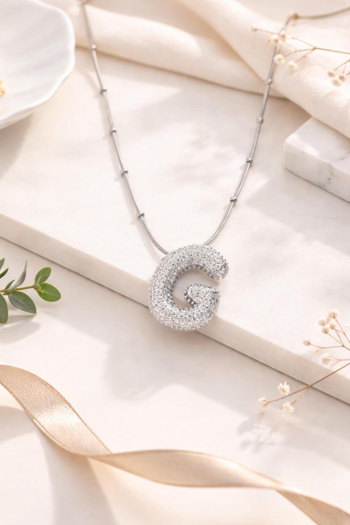Silver Color Bubble Necklace with Steel Chain Zircon Gemstone and Letter G