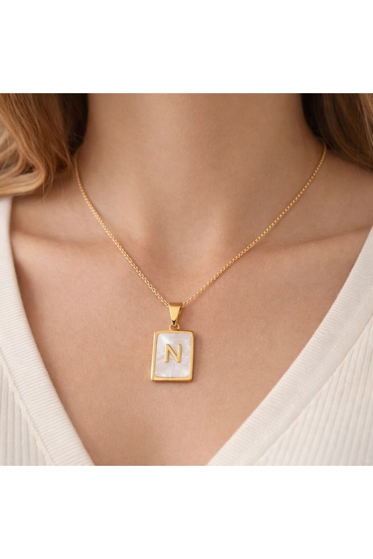 N letter necklace with steel mother of pearl