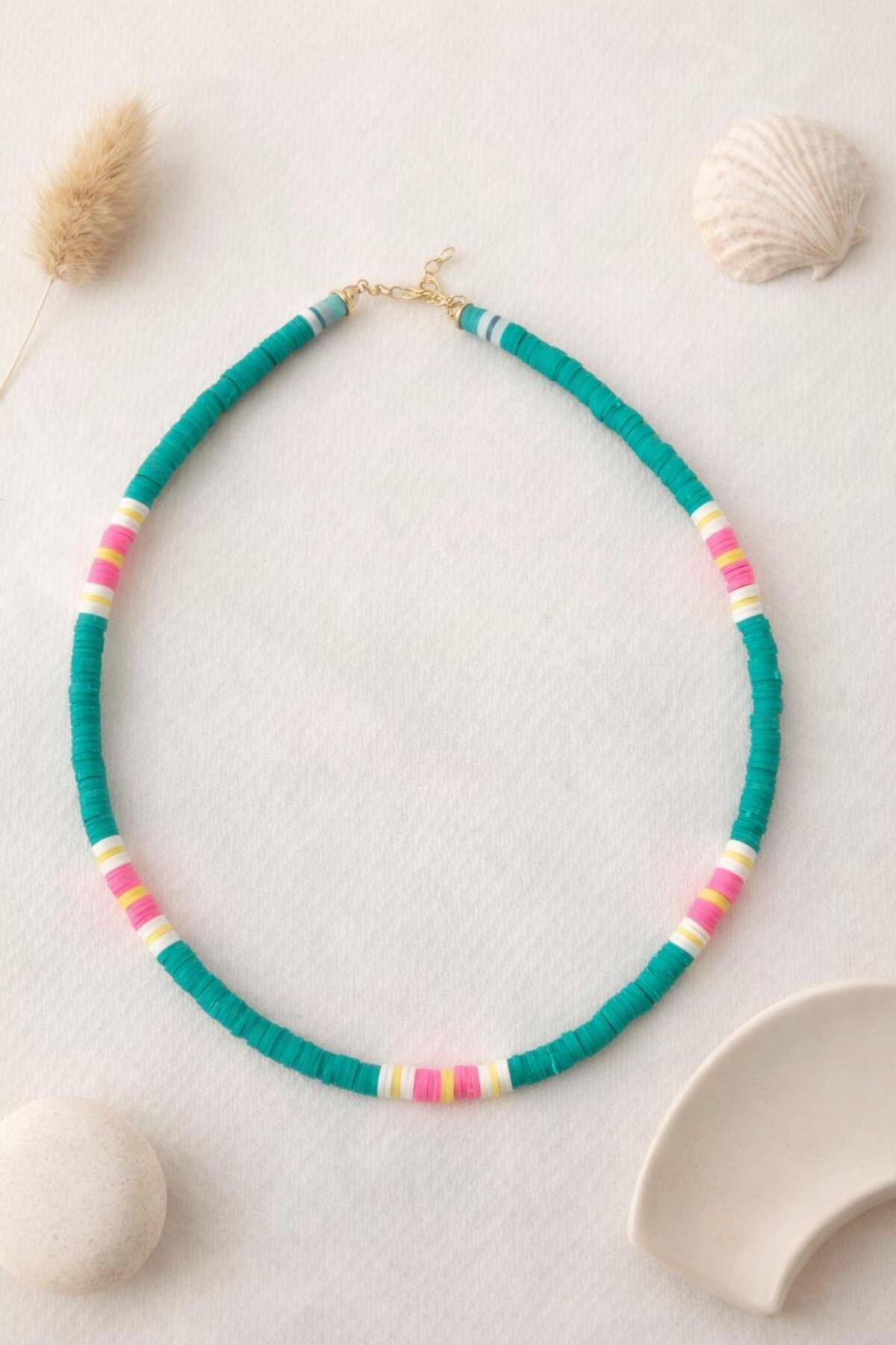 Turkuaz & Pembe El Yapımı Fimo Boncuk Kolye – Renkli Detaylı