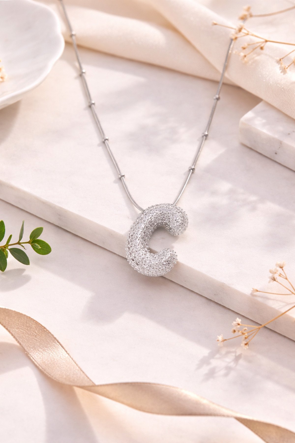Silver Color Bubble Necklace with Letter C with Steel Chain Zircon Gemstone