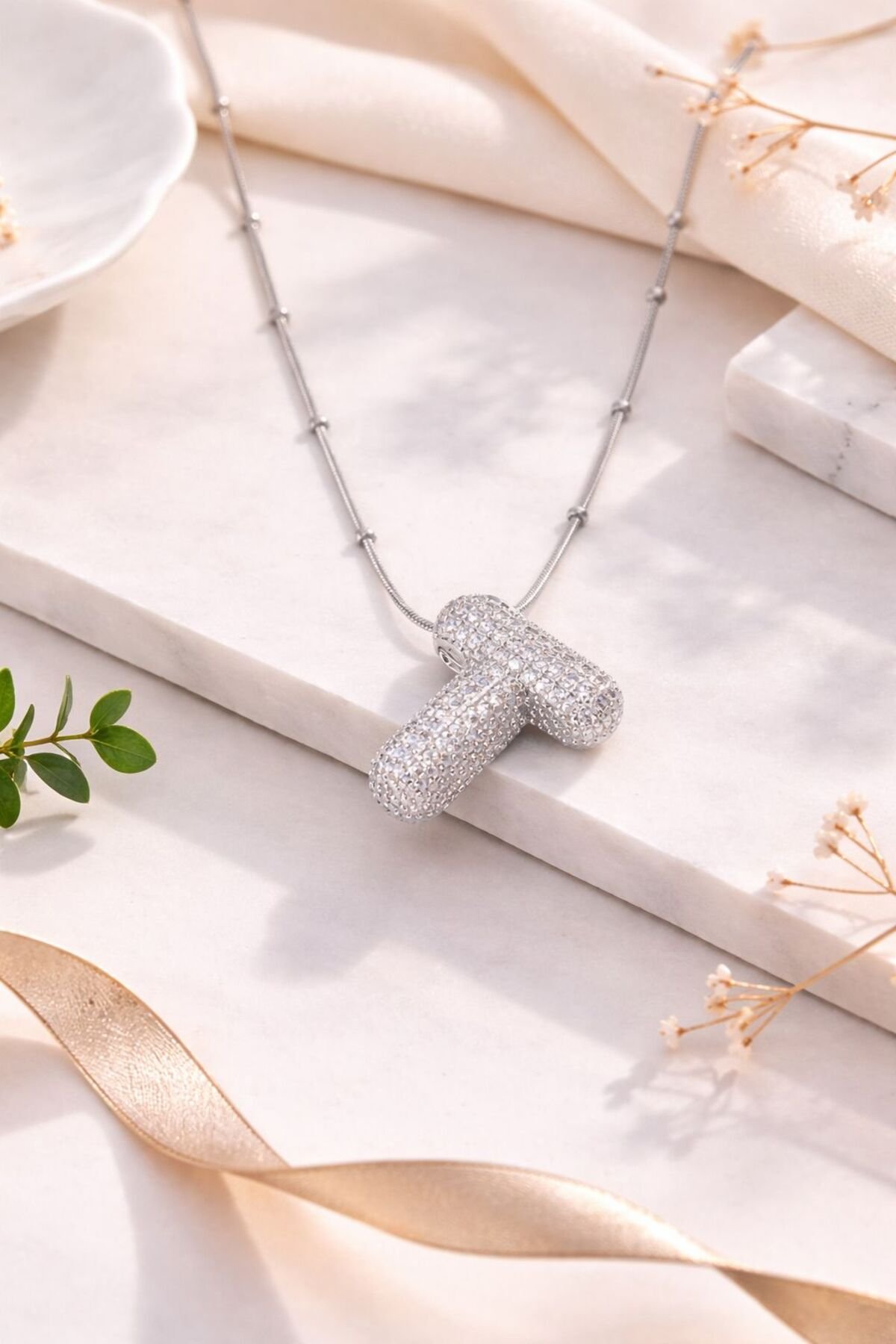 Silver Color Bubble Necklace with Steel Chain Zircon Gemstone and T Letter