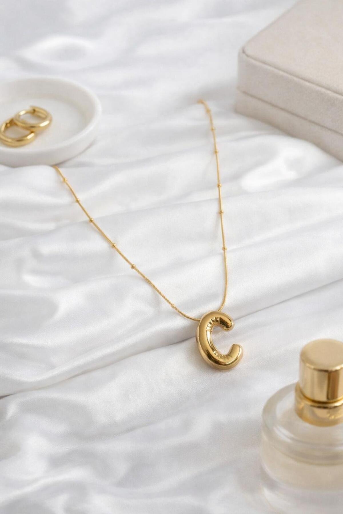 Gold Color Bubble Necklace with Steel Chain Letter C