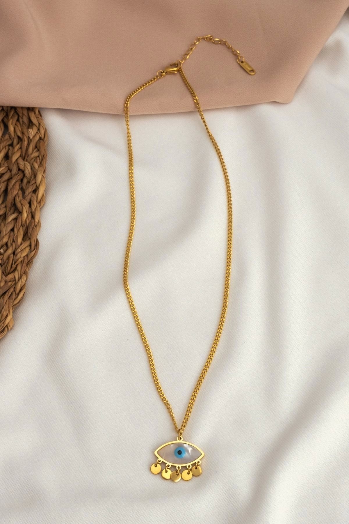 Nazar Gözlü Çelik Gold Kolye