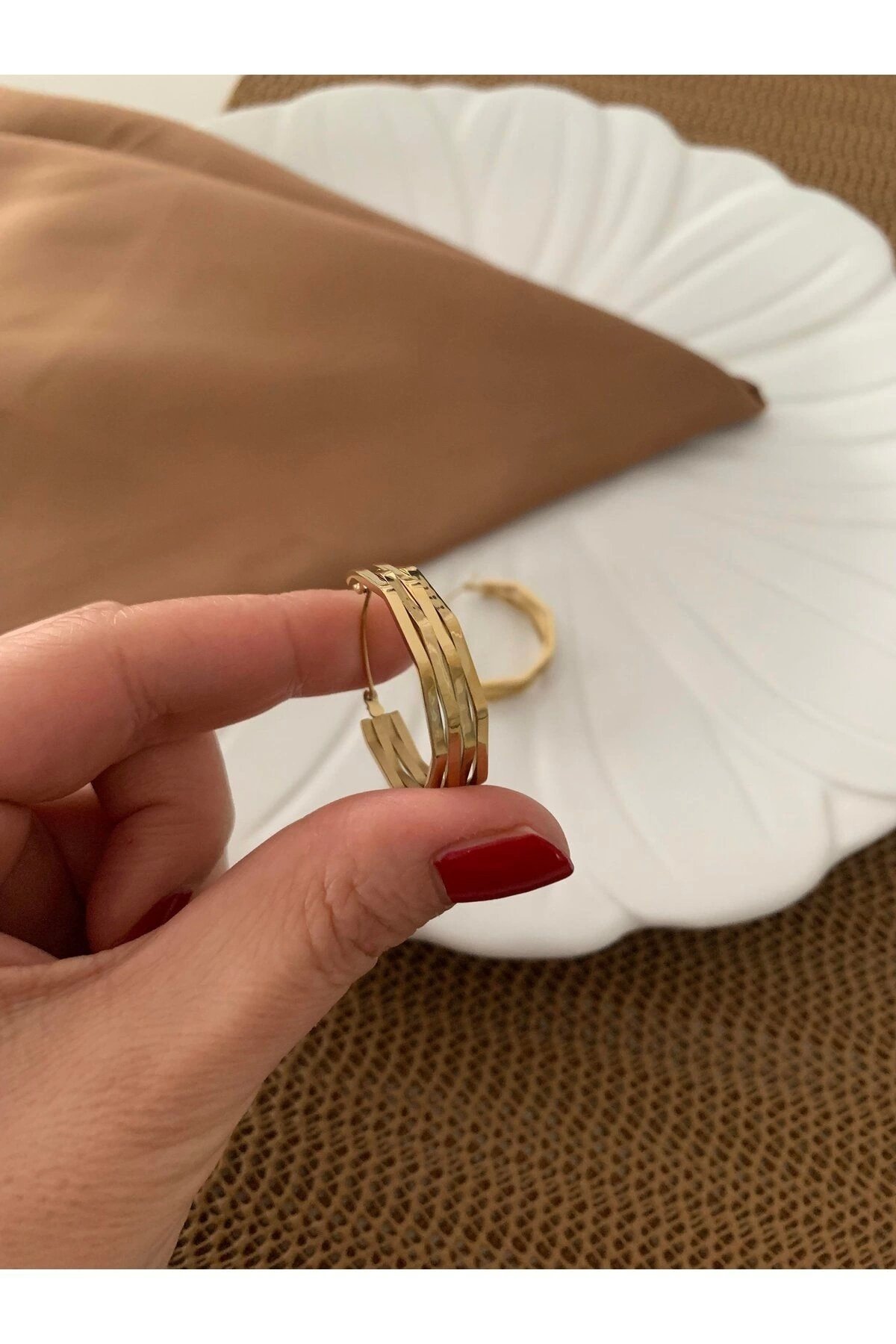 Çelik 4 Sıra Beşgen Halka Küpe